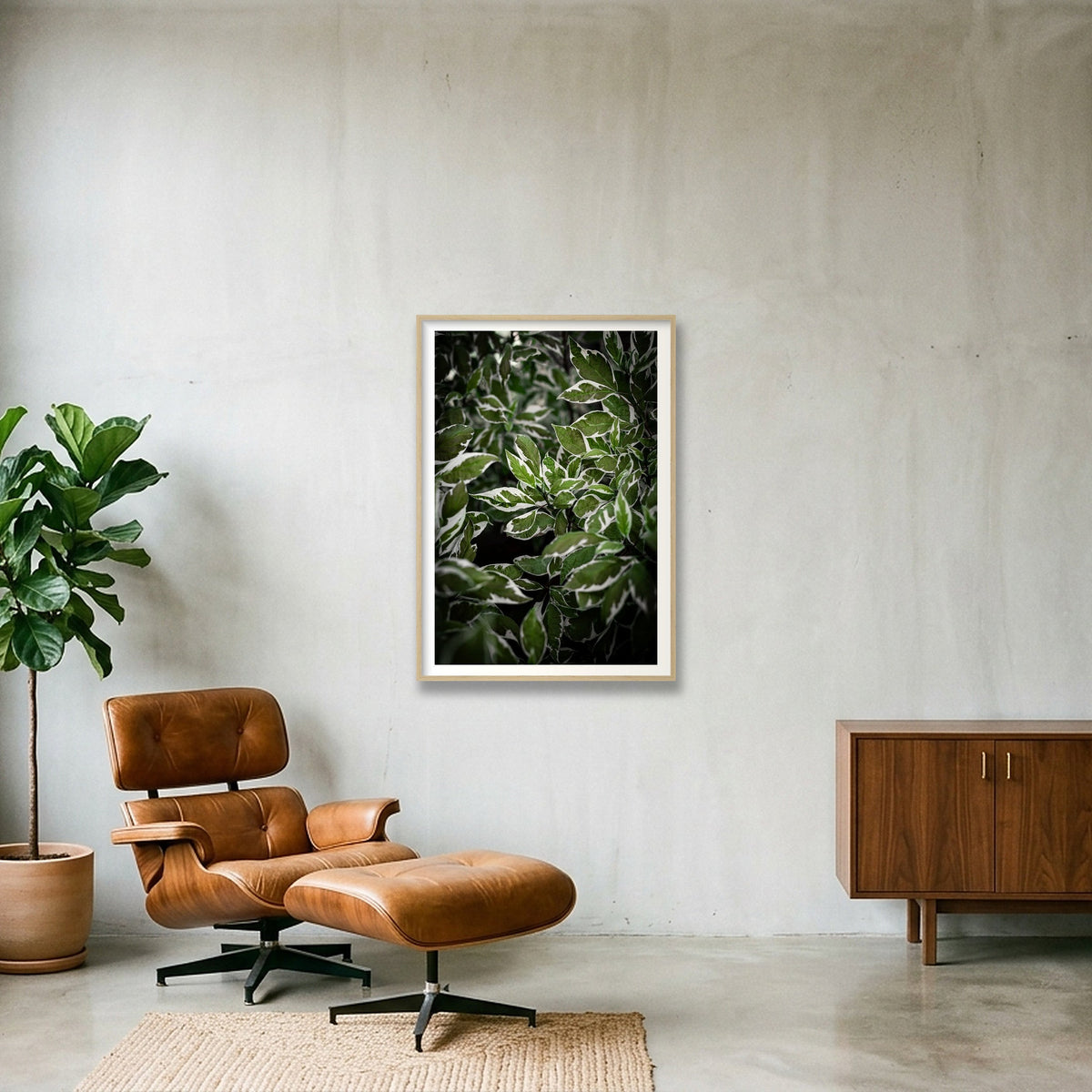 Green and White Foliage — 70×100cm, 28×39" Oak Frame